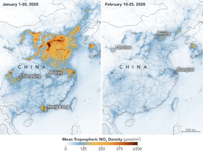 Velle Toll: “COVID-19 pandemic restrictions have improved the air quality in China significantly in a very short time. In February 2020 the amount of Nitrogen Dioxide (NO2) in the air was much lower than in January. Yellow and red colours that mark higher pollution are not apparent anymore in February.” Source: NASA Satellite