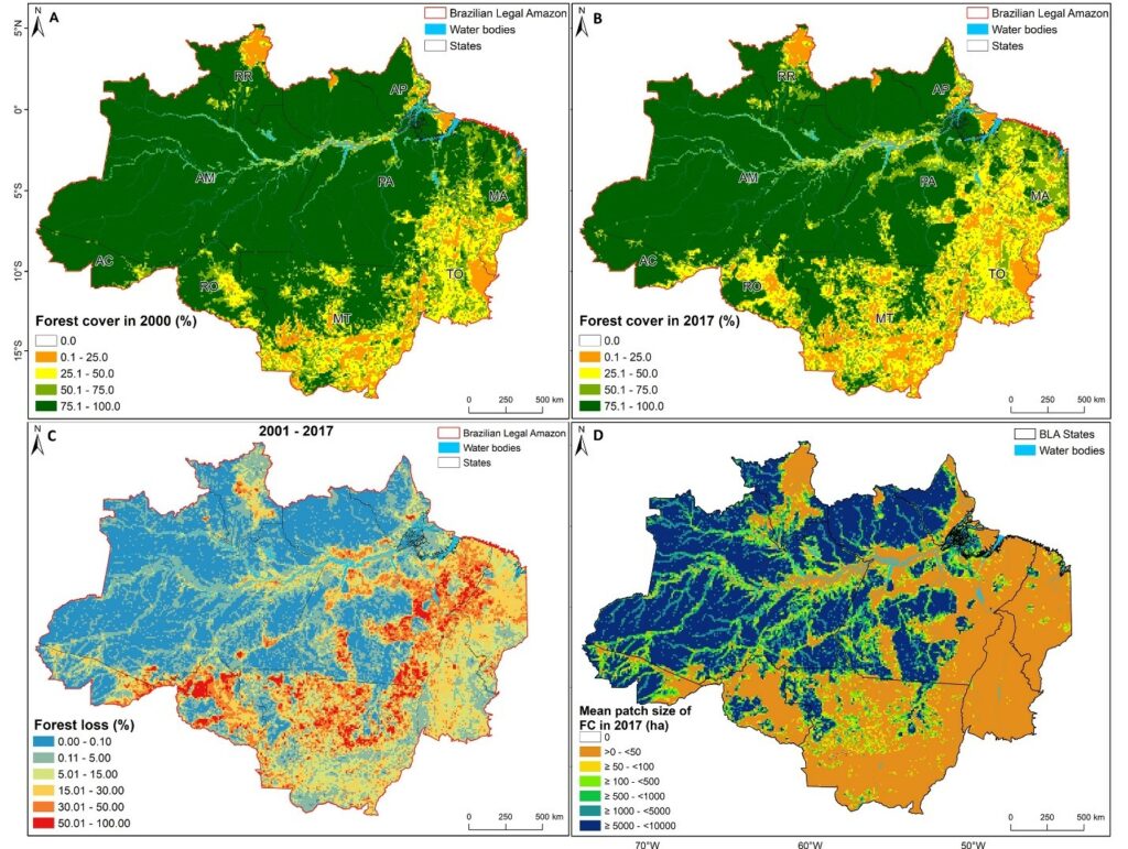 Figure A and B show the forest cover in Brazil’s Amazon in 2000 and 2017 respectively. Figure C depicts the forest loss in percentage and figure D indicates the mean size of the forest fragments. Smaller forest fragments means higher forest cover fragmentation and loss of habitat connectedness and potentially increased carbon emissions. Brazilian states: Acre (AC), Amazonas (AM), Amapá (AP), Maranhão (MA), Mato Grosso (MT), Pará (PA), Roraima (RR), Rondônia (RO) and Tocantins (TO).