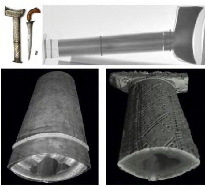 When photographing the sheath of an Indonesian dagger, the effect of the metal casing on the image of the wooden interior has been alleviated with the help of neutron scattering. Top left is the dagger and its sheath. Top right is the image taken with the neutron beam passing through the object. Bottom left and bottom right are 3D images taken with neutron radiation and X-radiation, respectively. Author: E.H. Lehmann, Paul Scherrer Institute