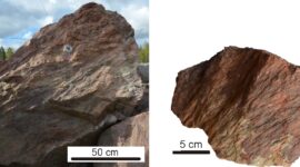 Photographs of shatter cone carrying granitic boulders found southeast of Lake Summanen. Shatter cones are features that can form be meteorite impact processes only.