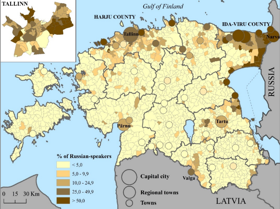 Percentage of Russian-speakers in Estonian rural and urban neighbourhoods
