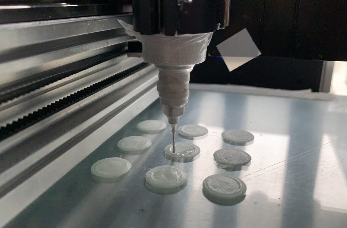 The 3D printer at Tartu University Institute of Pharmacy lab prints out nine anti-asthmatic pills. Photo credit: Laura Viidik