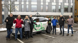 Employees of the University of Tartu Autonomous Driving Lab and Bolt representatives at the presentation of the lab’s test car running the Tallinn demo track. Photo credit: Mathis Bogens/Bolt