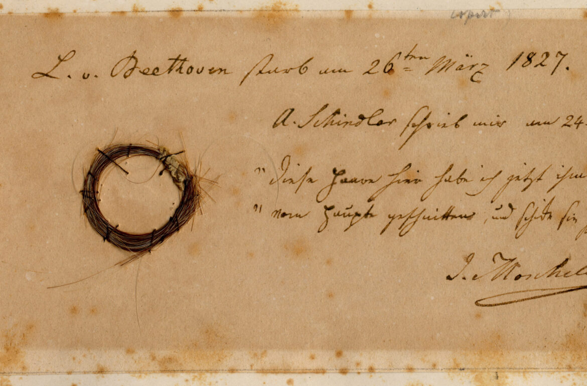 The Moscheles Lock, authenticated by the study, with inscription by former owner Ignaz Moscheles. 
Image credit: Ira F. Brilliant Center for Beethoven Studies, San Jose State University. (Under a Creative Commons Attribution-Share Alike 4.0 International license).